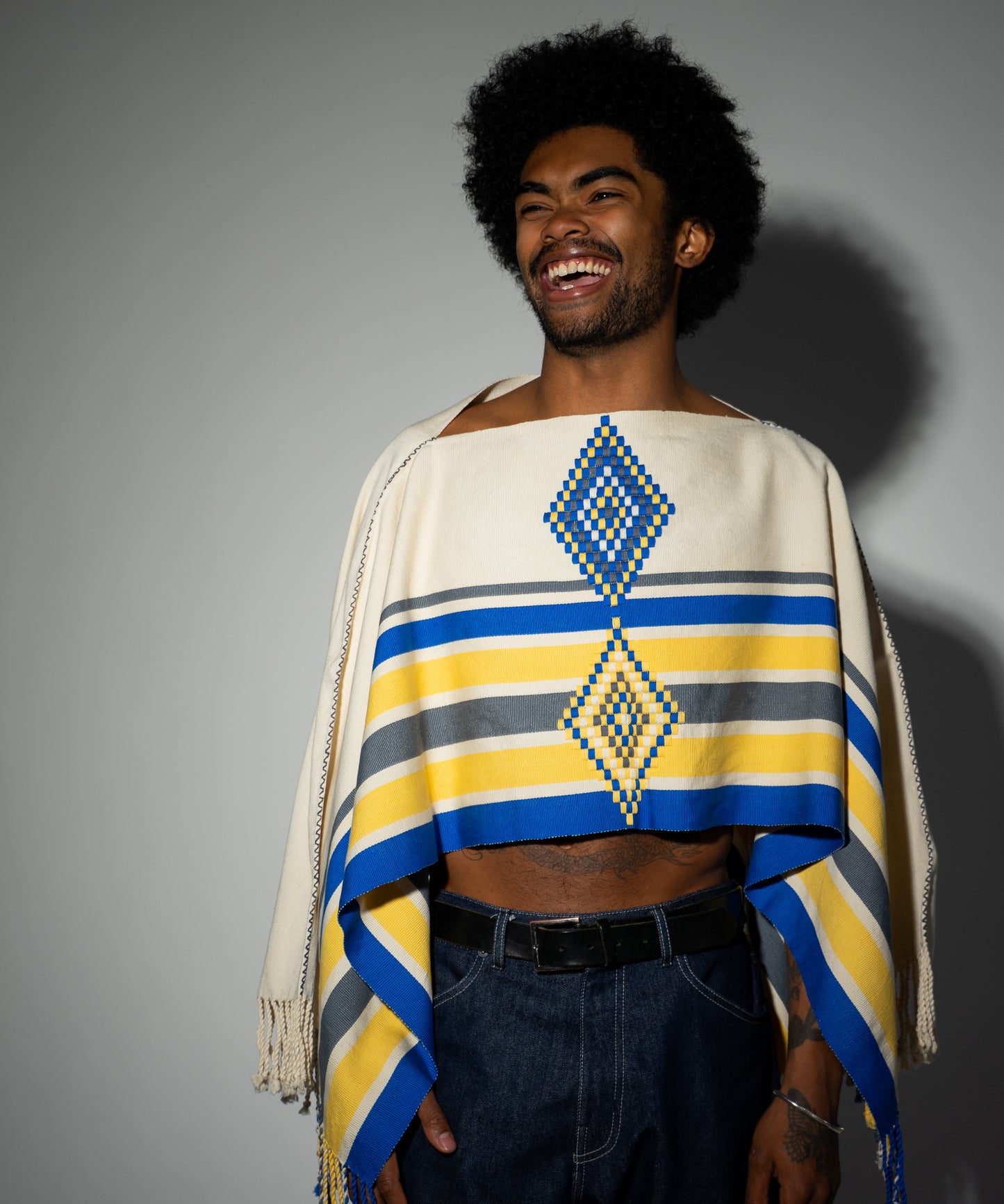 Poncho - Cream/Blue/Yellow